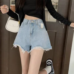 2024 Summer New Women High Waist Denim Shorts Female Solid Color Pocket Tassel Short Jeans Ladies Casual Wide Leg Shorts H149