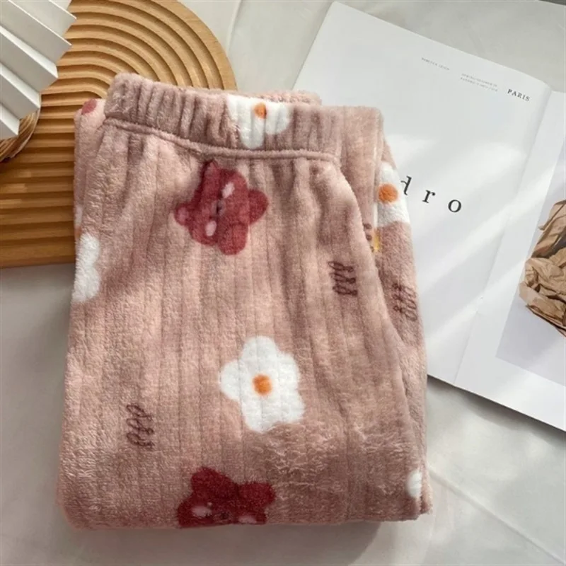 Autumn and Winter Women's New Pajama Pants Girls Student Sleeping Pants Warm Pants Coral Fleece Pants Thickened Warm Casual Home