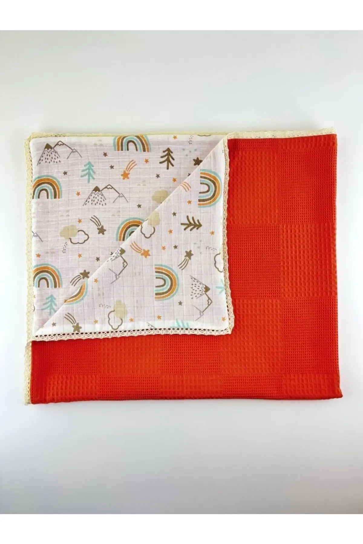 

Double Sided Baby Pike Blanket White Color Bear Patterned Orange Gift Mother & Child