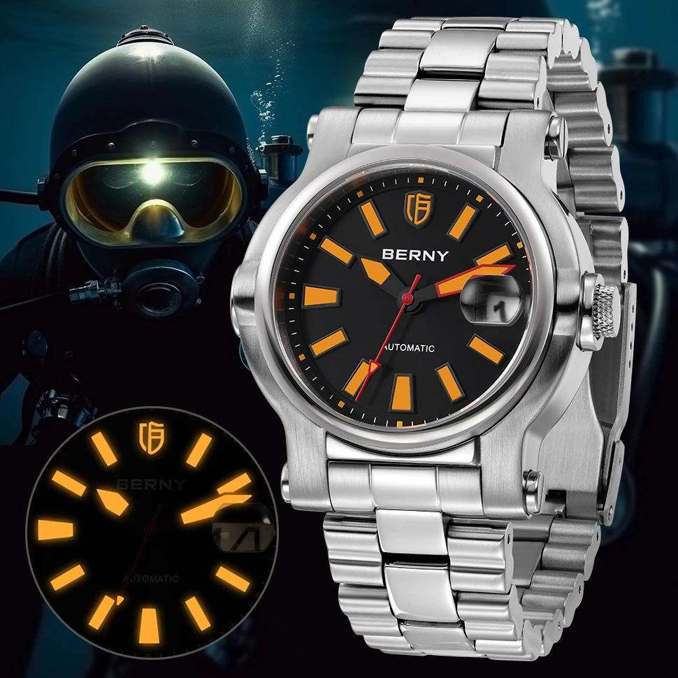 BERNY Men Automatic Watch Diver Waterproof 10ATM Seiko NH35 Luminous