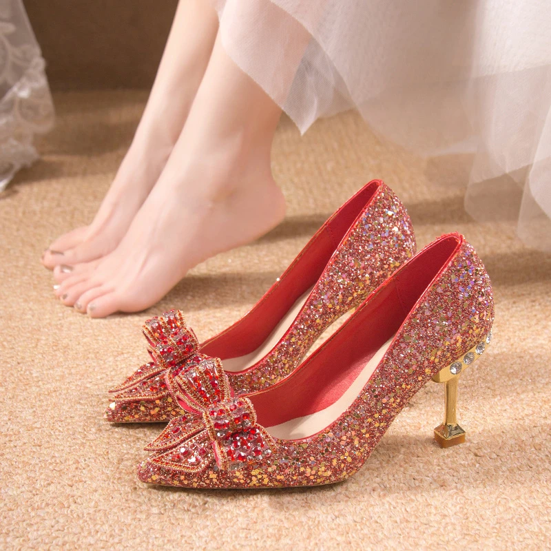

Water Diamond High Heels Women's Thin Heels Wedding Wedding Bridal Shoes Pointed Toe Shallow Mouth Single Shoes High Heels