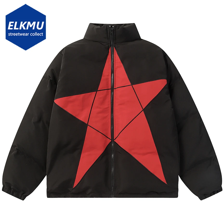 

Hip Hop Winter Puffer Jacket Men Padded Parkas Star Embroidery Splicing Bubble Coat Thicken Warm Parkas Streetwear Padded Jacket