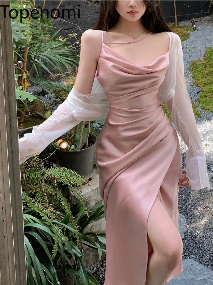 

Topenomi Party Dress Women Sexy Swinging Collar Satin Spaghetti Strap Split Evening Dresses Folds Slim Fit Graduation Prom Gown