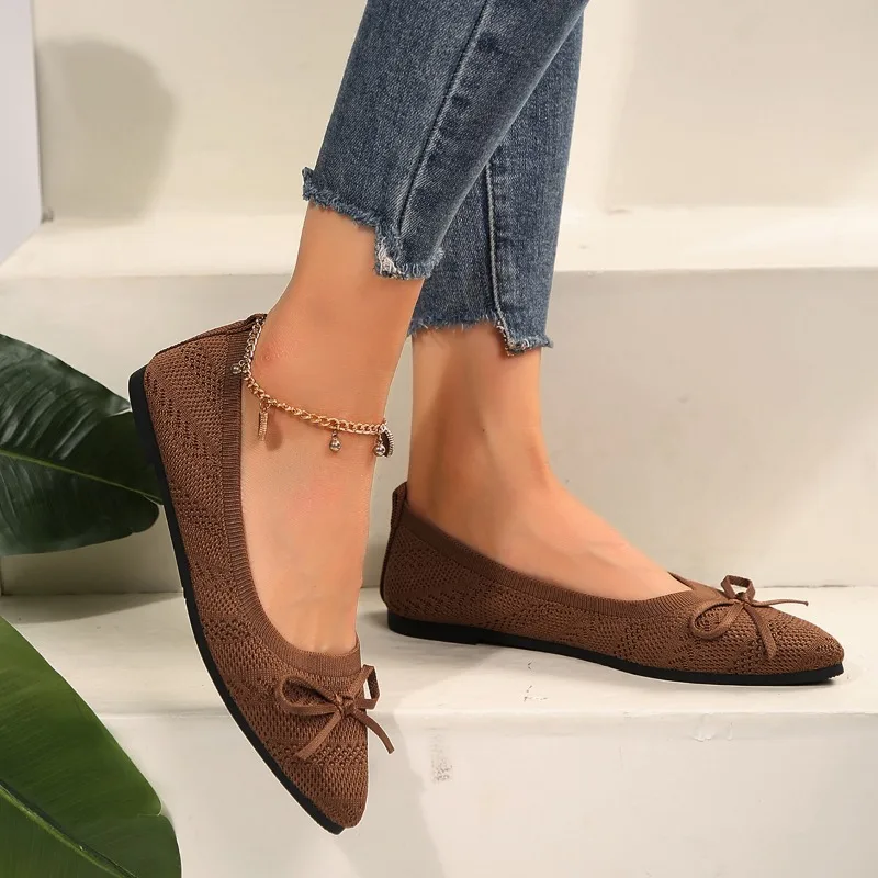 New Women's Knitted Slip on Flats Breathable Comfortable Bowtie Walking Shoes Casual Pointed Toe Walking Sneakers Loafers 4