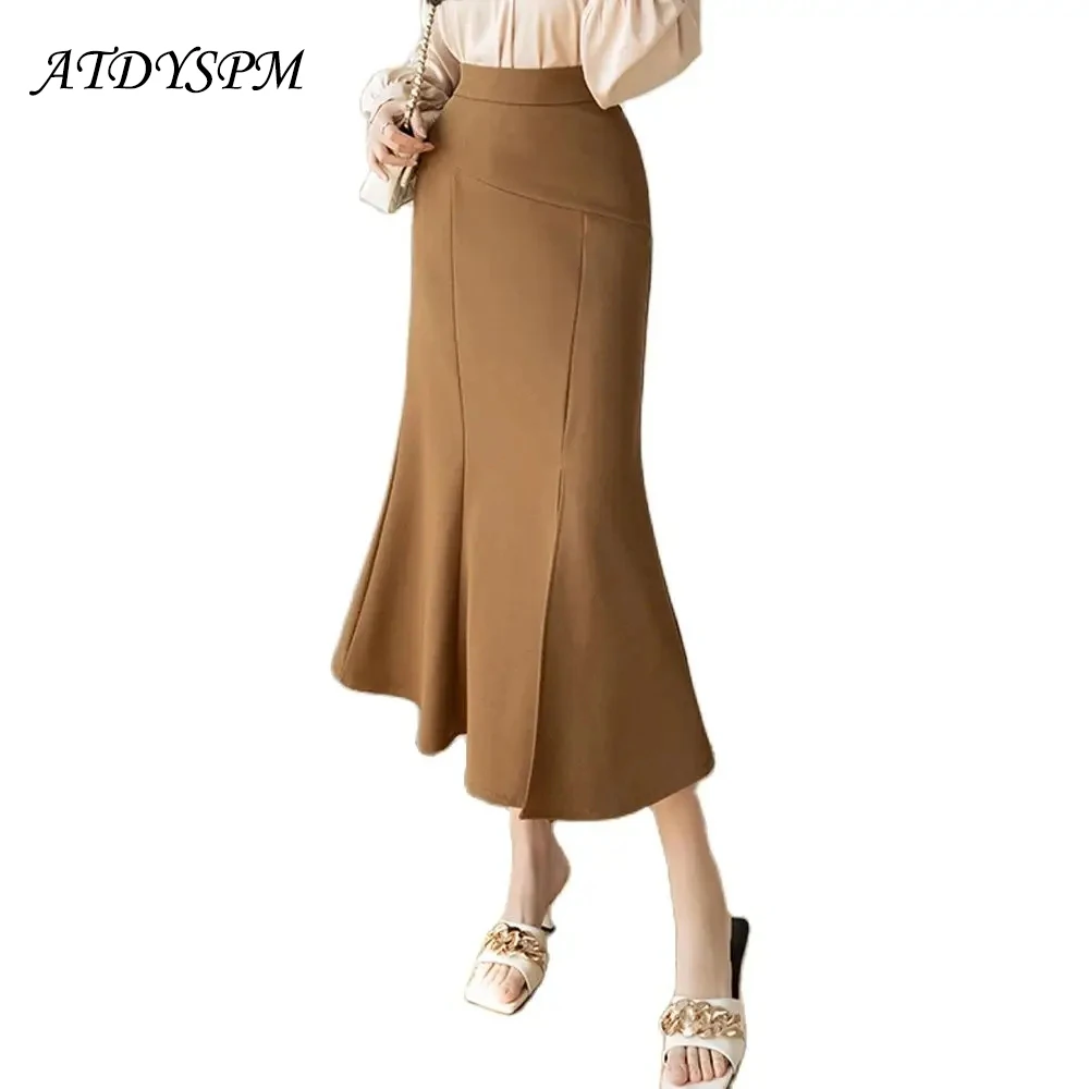 

Elegant Splice Mermaid Skirts For Women 2023 New Fashion High Waist Slit Midi Skirts Korean Vintage Office Lady OL Style Bottoms