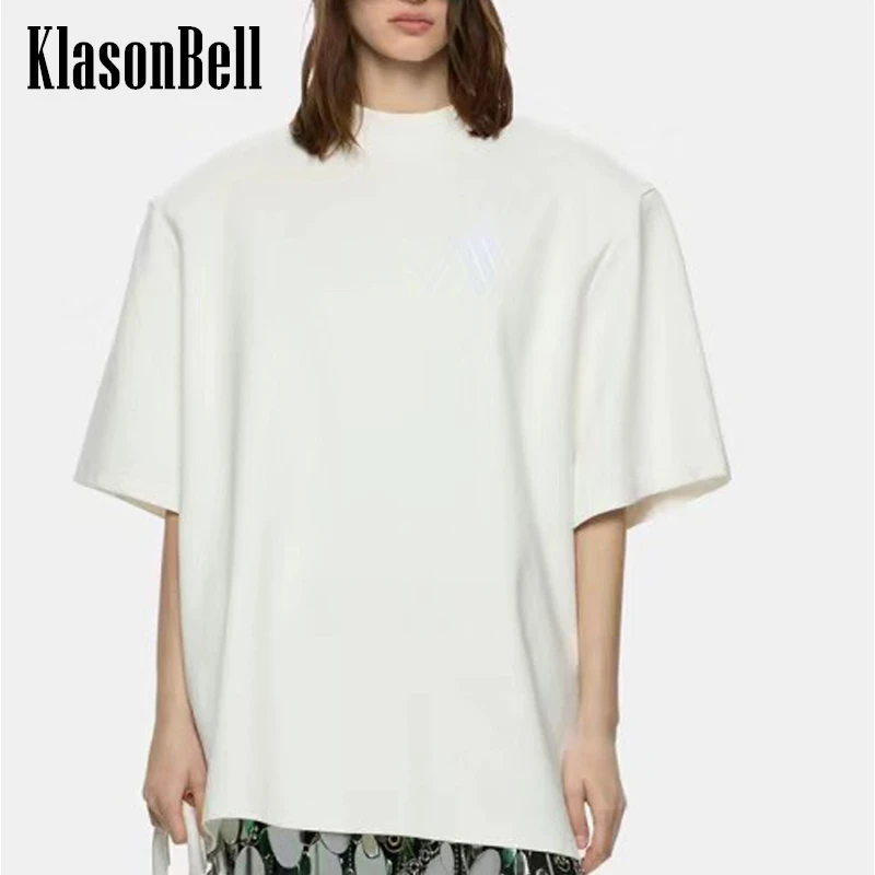 314-klasonbell-2024-spring-new-letter-embroidery-loose-tee-solid-o-neck-all-matched-shoulder-pads-detachable-chic-t-shirt