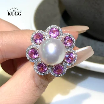 KUGG PEARL18K White Gold Rings 12-13mm Real Natural Australian Pearl Ring Flower Design Pink Sapphire Luxury Women's Jewelry