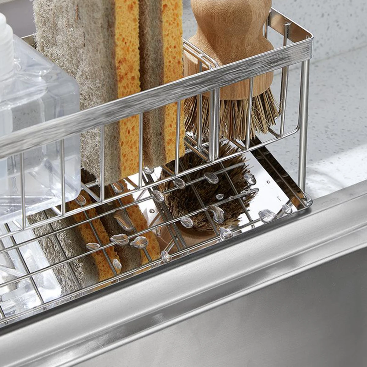 1/2Pcs Kitchen Self-draining Sink Shelf Stainless Steel Sponge Holder with Removable Drain Tray Sink Bathroom Countertop Holder 3