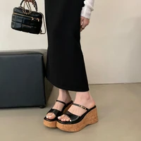 Black Wedge Sandals Woman Chunky Heels Slippers Summer Belt Buckle Platform Heels Silver Ladies Shoes Casaul Sandalias Mujer - Image 3