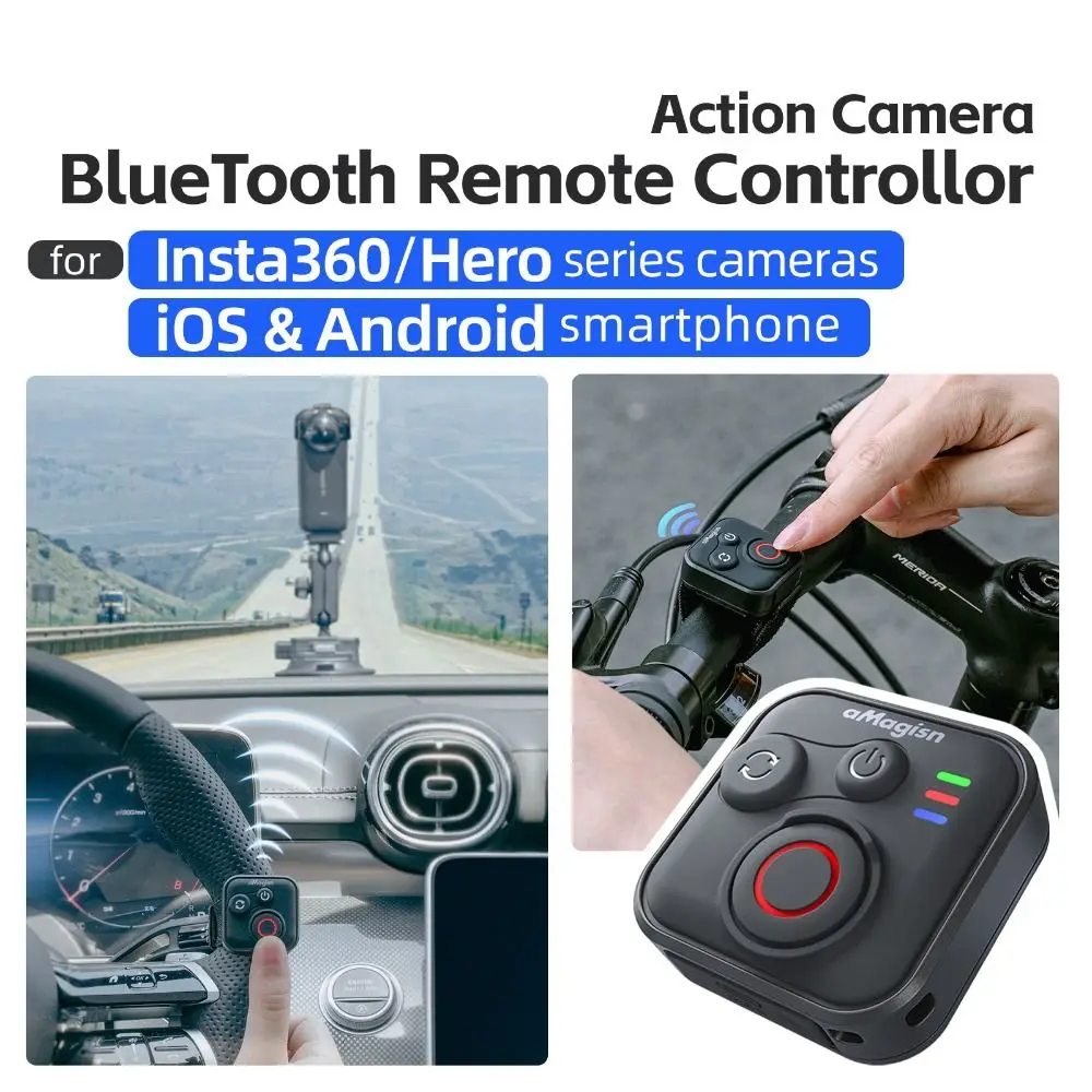 Télécommande Bluetooth universelle pour caméras d'action 360° et smartphones tenue en main, avec un fond de paysage extérieur suggérant une utilisation en plein air.