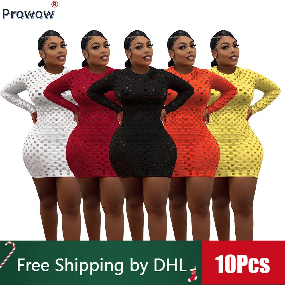 

10Pcs Bulk Streetwear Mini Dresses 2023 Summer Y2k Sexy Bodycon Dress Long Sleeve Solid Hollow Out Women Clothing Wholesale 8069