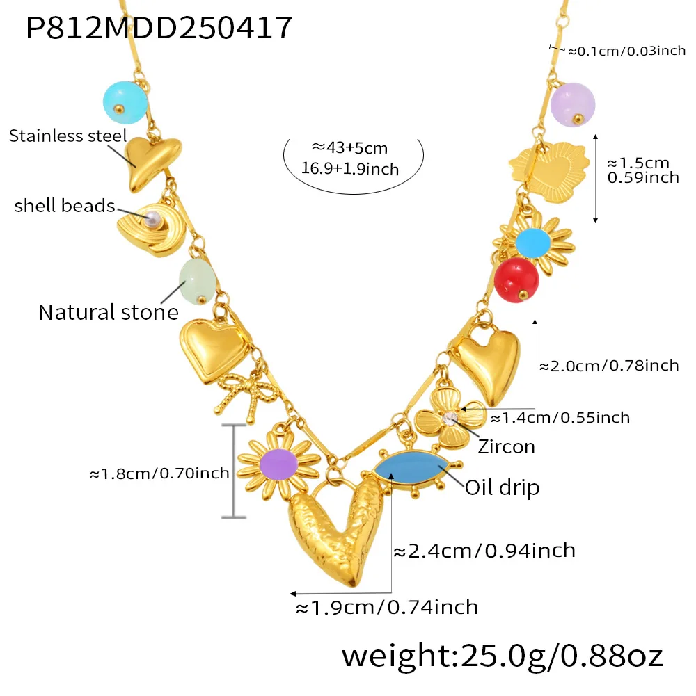 Bunte Emaille-Blumen-Halskette für Damen, Naturstein, Edelstahl, 18 Karat vergoldet, Herz-Anhänger-Halskette, Charm-Schmuck – Detail 6
