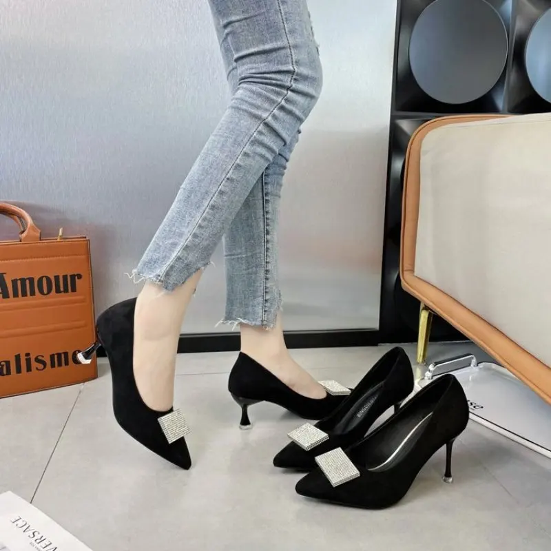 NEW High Heels Shoes for Woman 2024 Office Women's Summer Footwear Pumps Pointed Toe Black on Heeled Normal Leather Casual Trend