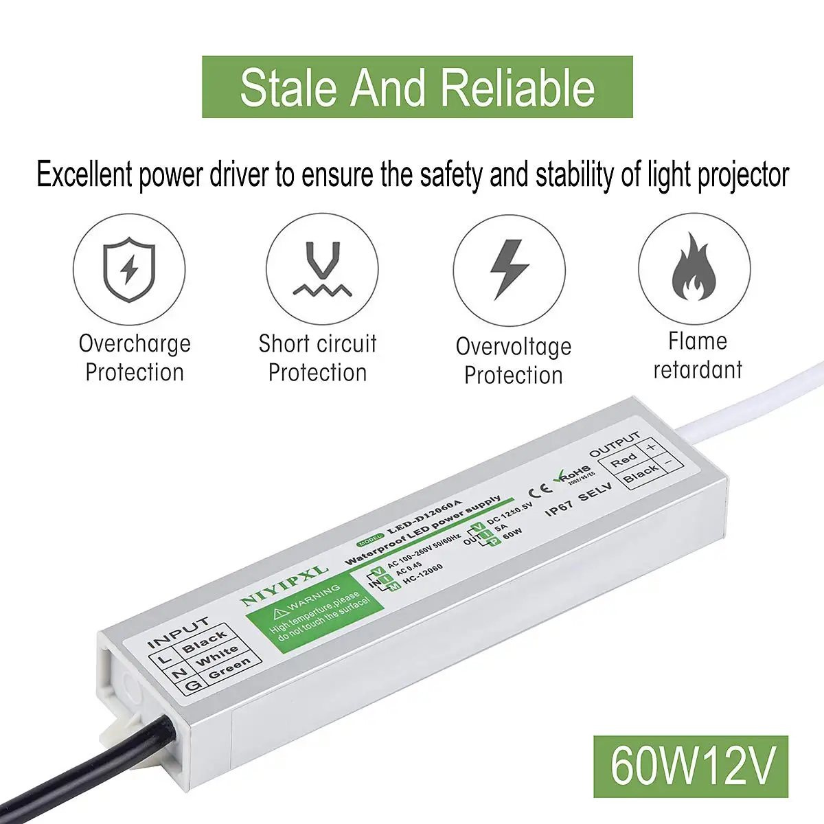 저전압 출력 LED 조명 LED 드라이버, IP67 방수 전원 공급 장치, 변압기 어댑터, 100V-260V AC에서 12V DC, 60W, 100W, 150W