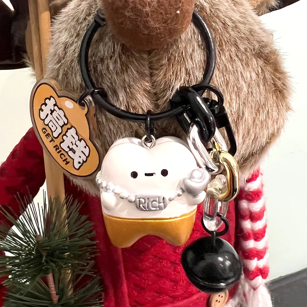 치아 모양 벨 키링, 재미있는 가방, 자동차 장식 펜던트, 치과 의사 선물, 창의적인 귀여운 키체인, 1 팩