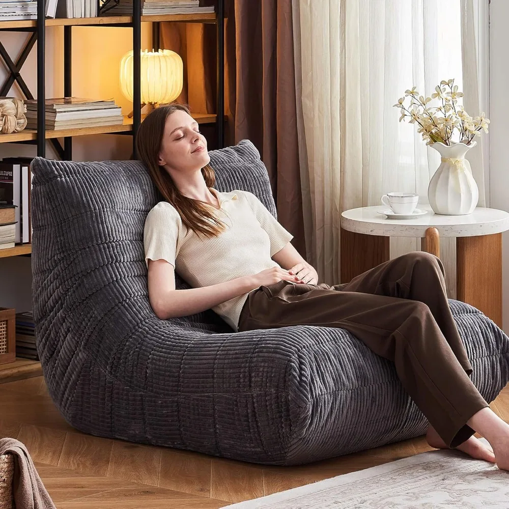 Large Memory Foam Bean Bag Chair, Corduroy Floor Sofa for Adults, Anti-Slip Base, Grey
