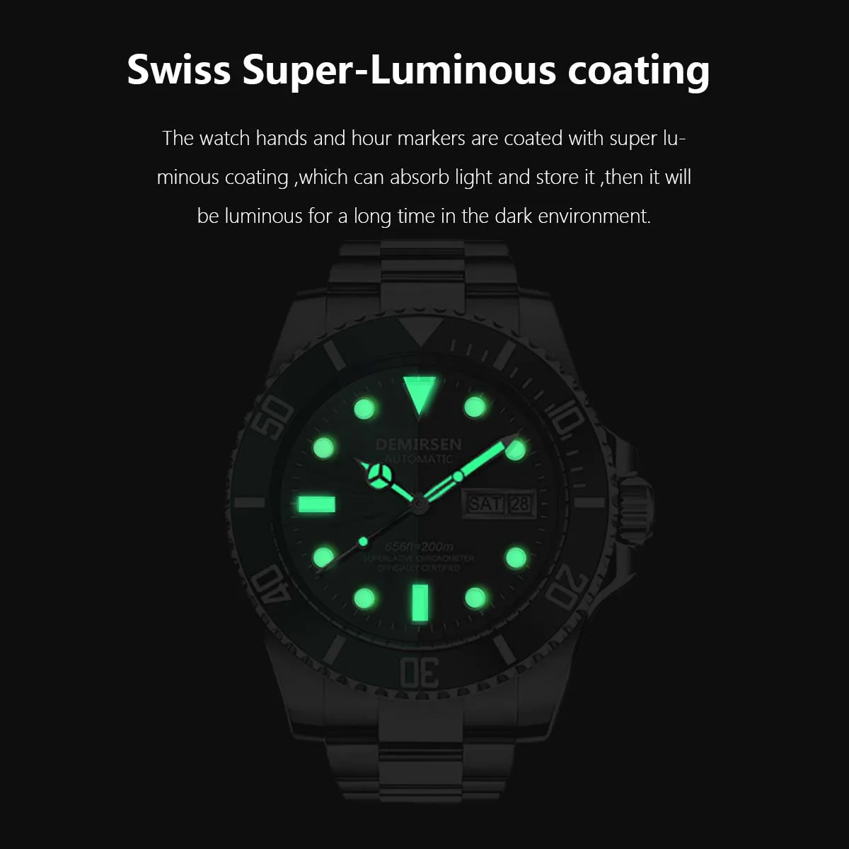 Demirsen Homem Auto Day Date Luxury Ver Sapphire Luminoso Impermeável 200m Diver Automático Mecânico Relógio de Pulso Aço Inoxidável - Image 6