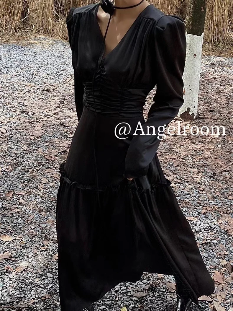 Autumn Satin Midi Dresses for Women Long Sleeve V-neck Folds Design A-line Korean Fashion Office Lady One Piece Vestidos New