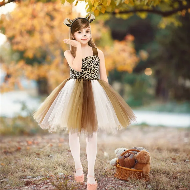 Halloween Child Animal Cat Cosplay Girls Costume Sequins Nylon Mesh Tutu Dress Headdress Tail Kids Birthday Party Fancy Dresses cosplay costume animal tutu skirt outfit kids girls dress halloween dress outfit