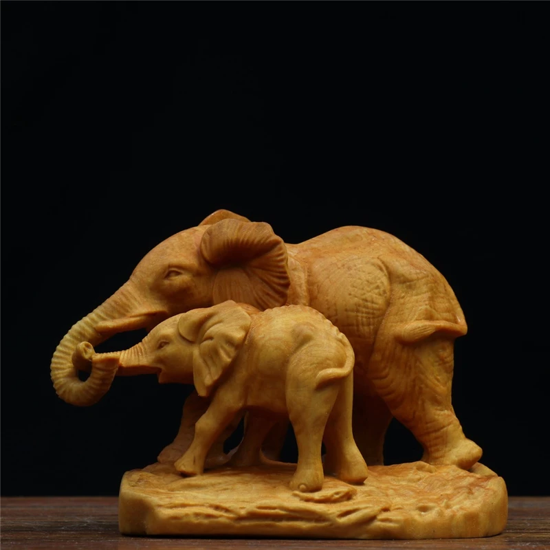 

XS659-9 CM Boxwood Elephant Mom and Baby Sculpture Animal Wood Statue Car Decoration Craft Gift Living Room Ornaments