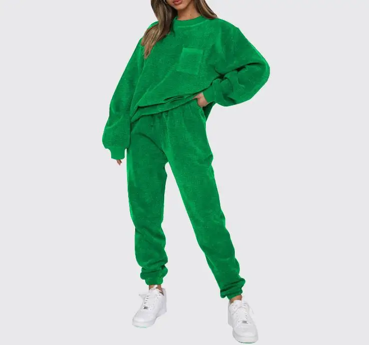

Two Piece Set Women Outfit 2023 Autumn Fashion Corduroy Solid Casual Round Neck Long Sleeve Pullover Top & High Waist Pants Set