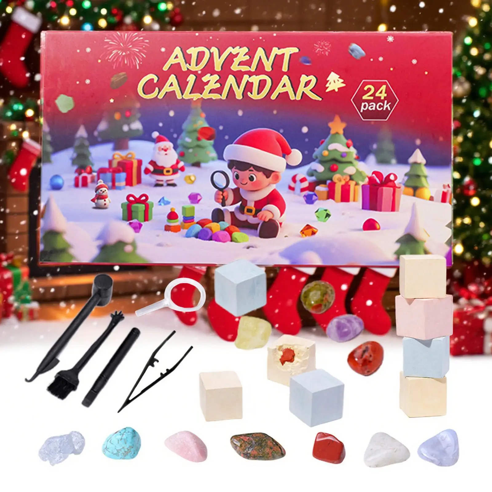 Christmas Advent Calendar Crystal 24 Days Countdown Rock Stone Digging Set for Kids Girls Boys Holiday Gift Mining Adventure
