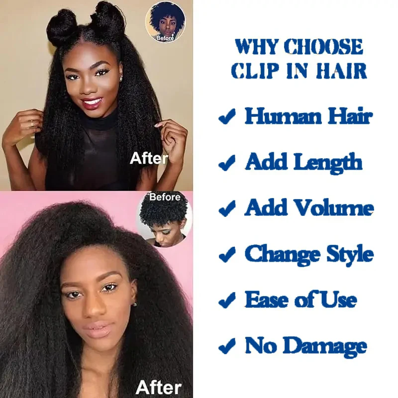 Kinky Straight Human Hair Clips In Hair Extensions 120g/set 18Inch Body Wave Remy Deep Curly #1B Natural Black hair extensions