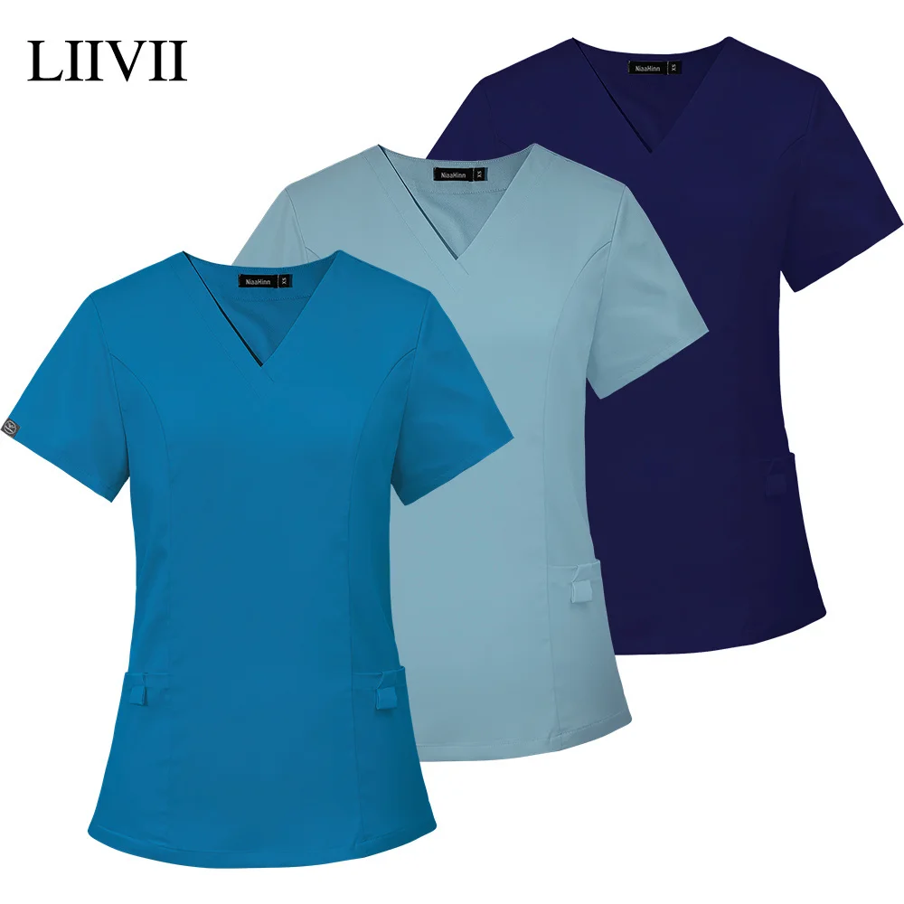 

Women Slim Nursing Scrubs Tops Female Casual Joggers Tops Short Sleeve Scrubs Uniforms Nurse Uniform with 2pockets Shirts Blouse
