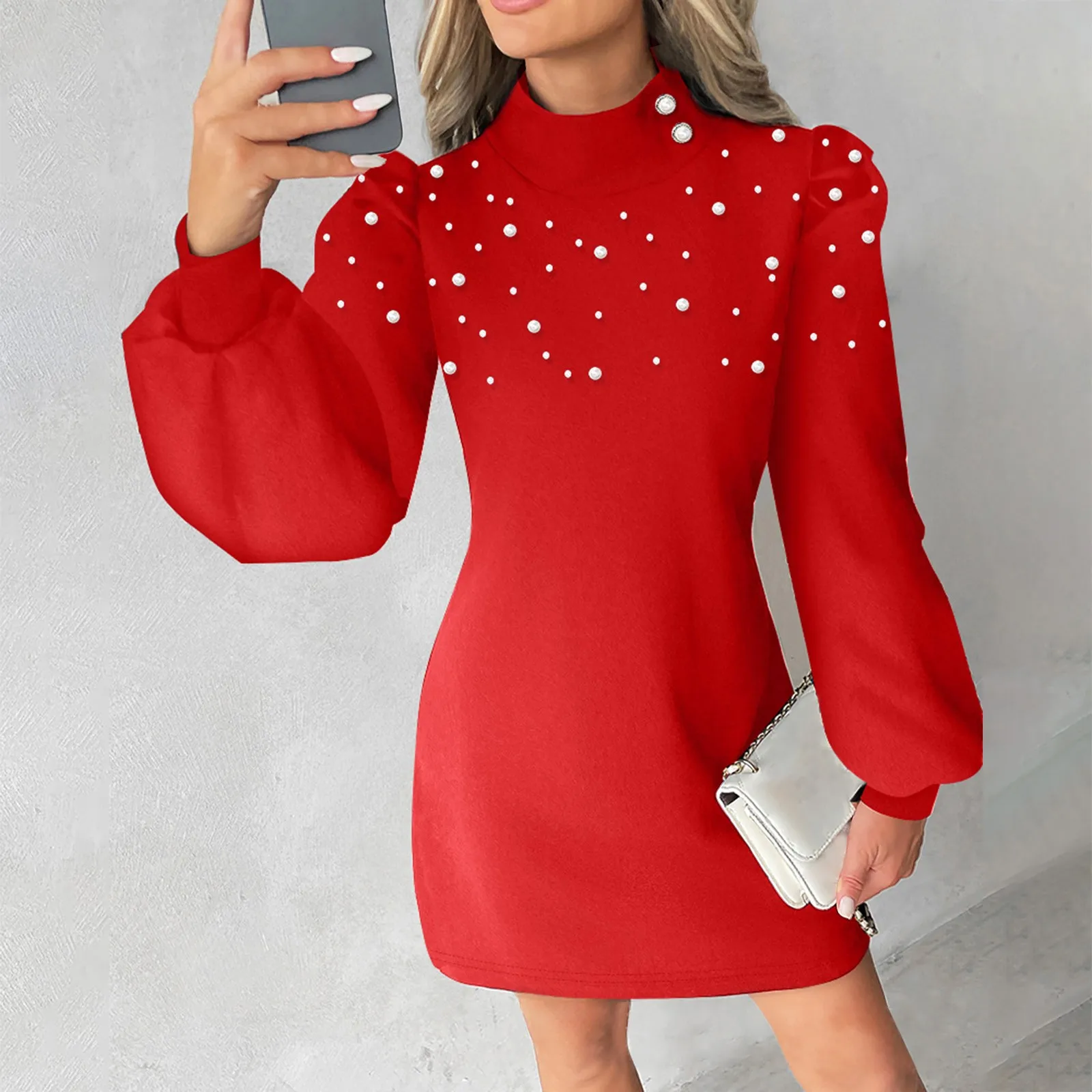 

Женское прямое платье с рукавами-фонариками и блестками, платье с ложным воротником и бусинами, элегантное весенне-осеннее платье с высокой талией, 2024