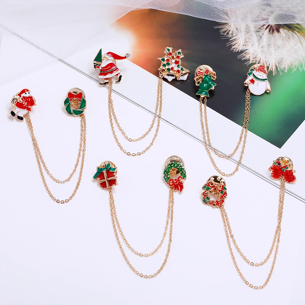 

Christmas style Brooches Santa Claus gloves Bells Donuts Candy snowman Enamel Pin Metal Chain Badges Brooch For Women Jewelry