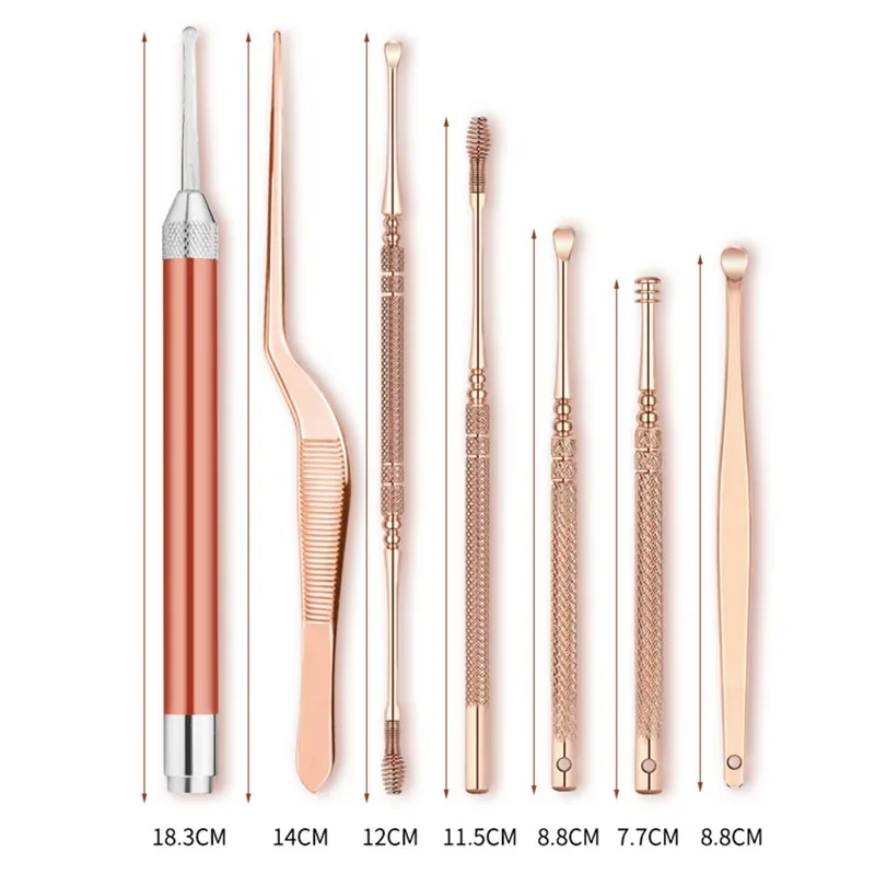 7pcs/set LED Ear Wax Pickers Stainless Steel Earpick Wax Remover Curette Ear Pick Cleaner Ear Cleaner Spoon Care Ear Clean Tool 4