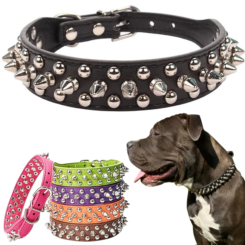 Leather Rivet Dog Collar Adjustable Spiked Studded Pet Collars For Medium Large Dogs Anti-bite Neck Strap Fierce Dog Accessories