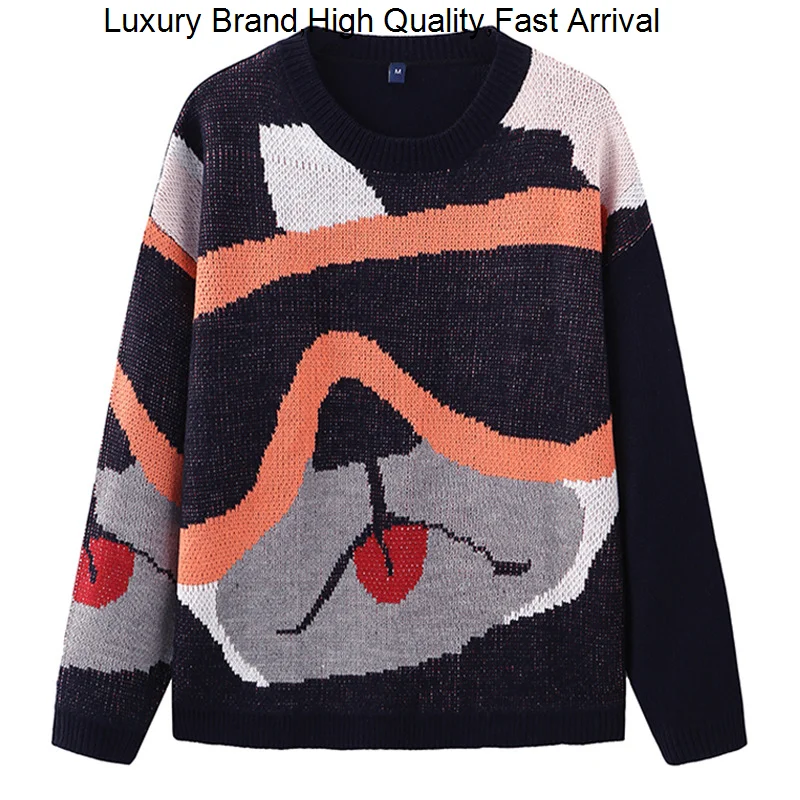 

Casual Winter Pullover Knitwear Men Hip Hop Streetwear Harajuku Sweater Vintage Japanese Style Dog Print Knitted Sweaters свитер