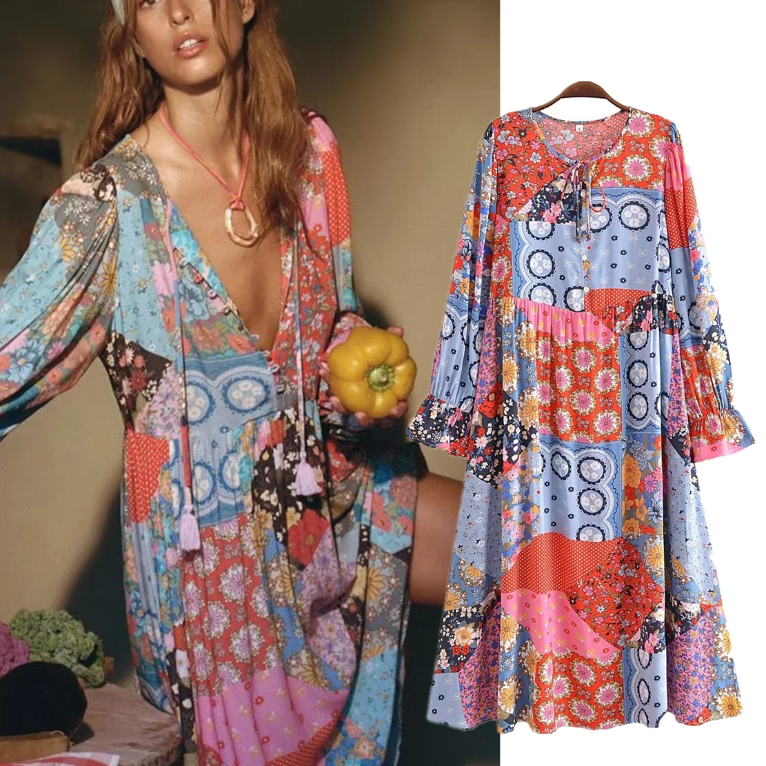 

Maxdutti Indie Folk Vintage Patchwork Contrast Print Summer Dress Bohemian Casual Maxi Dress Women Cotton