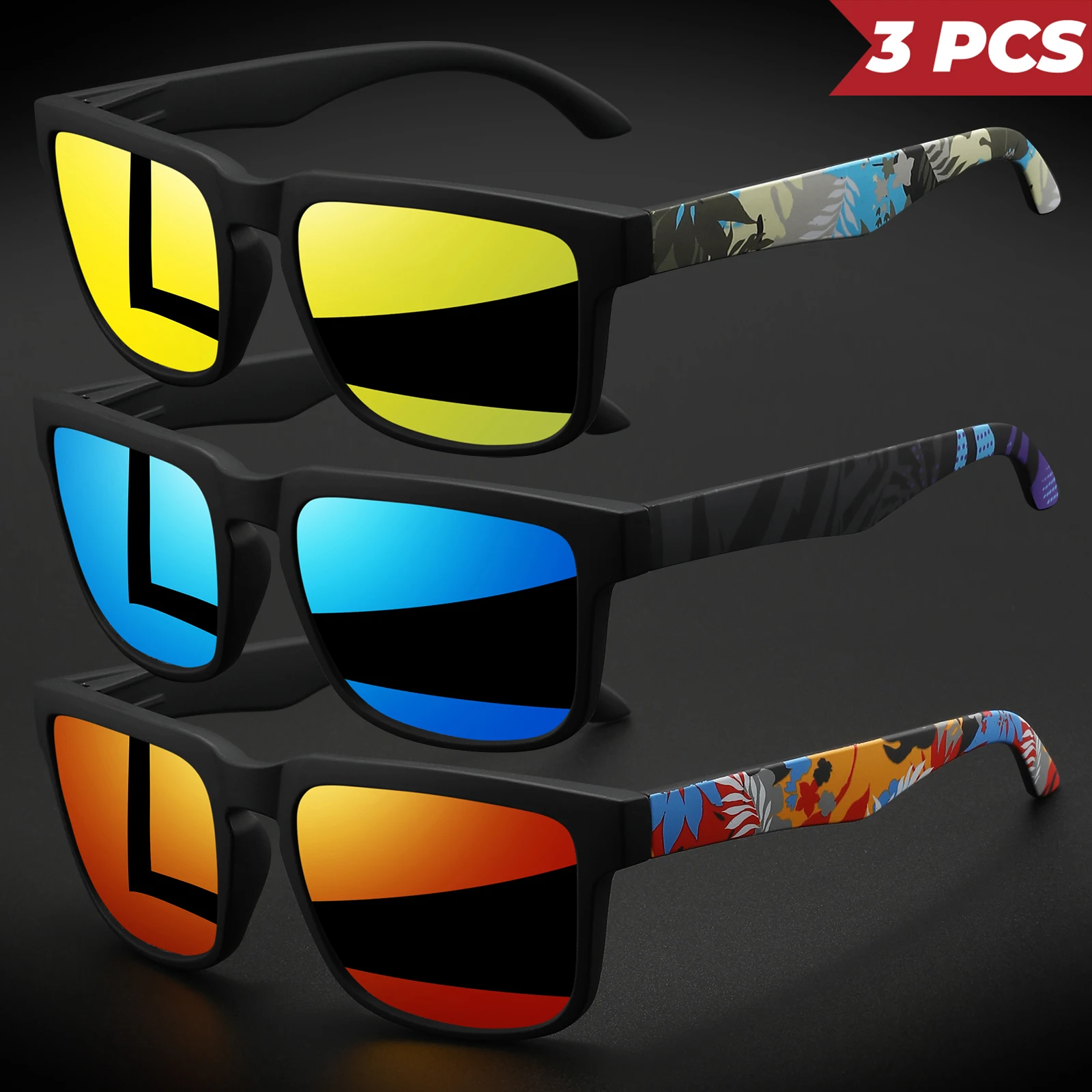 3 Stück klassische, quadratische, farbenfrohe Sport-Sonnenbrille – gemusterte Bügel, bequeme Passform zum Radfahren, Angeln, Strand und Freizeit – Detail 11
