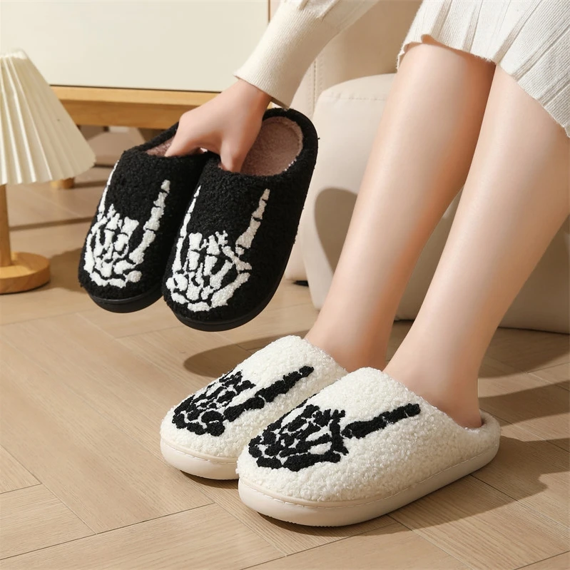 Skull Finger Pattern Skull Embroidery stuffed Home Platform Cozy Wool Cotton Slippers Rock Finger Warm Non-slip Indoor Slippers S044_voghion.com