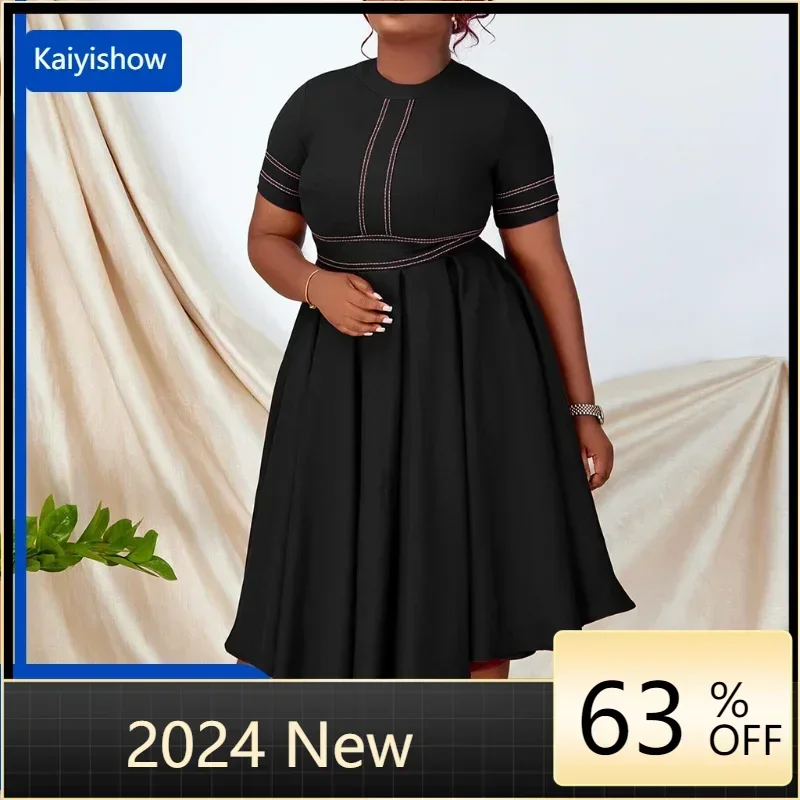 

Plus Size Summer New Style Elegant Solid Color Large Hem A-Line Skirt Round Neck Short Sleeve Dress Plus Size Women'S Dress