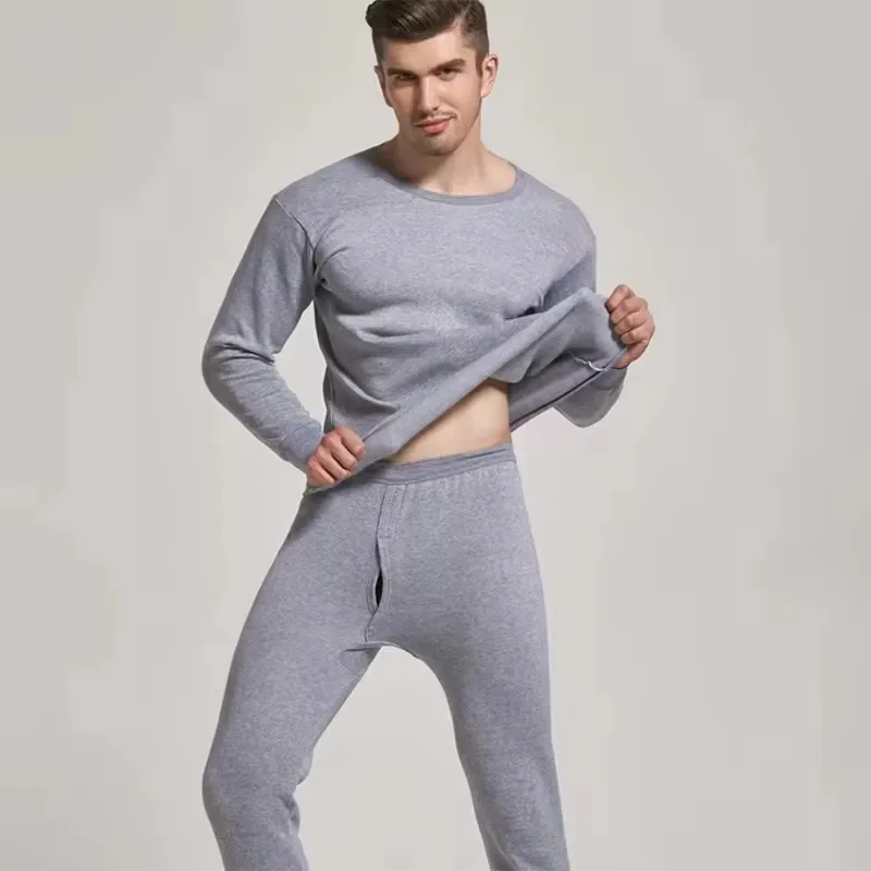 Men's warm underwear set round neck brushed and plush thermal underwear autumn clothes trousers