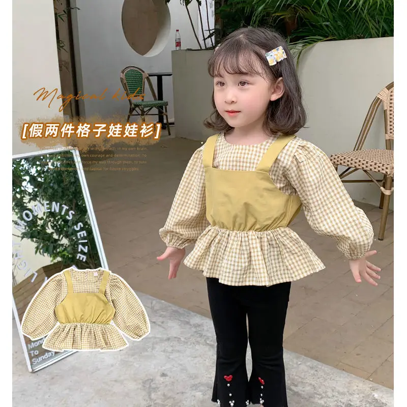 

Girls' Korean Shirts 2022 New Autumn Clothes Children'S Long Sleeve Yellow Tops Kid Toddler Girl Fake Two-Pieces Plaid Blouse