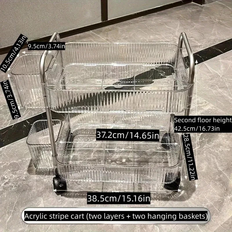 1pc Storage Rack, Acrylic Transparent Trolley with Wheels, Large Capacity Storage Organizer with Removable Hanging Baskets