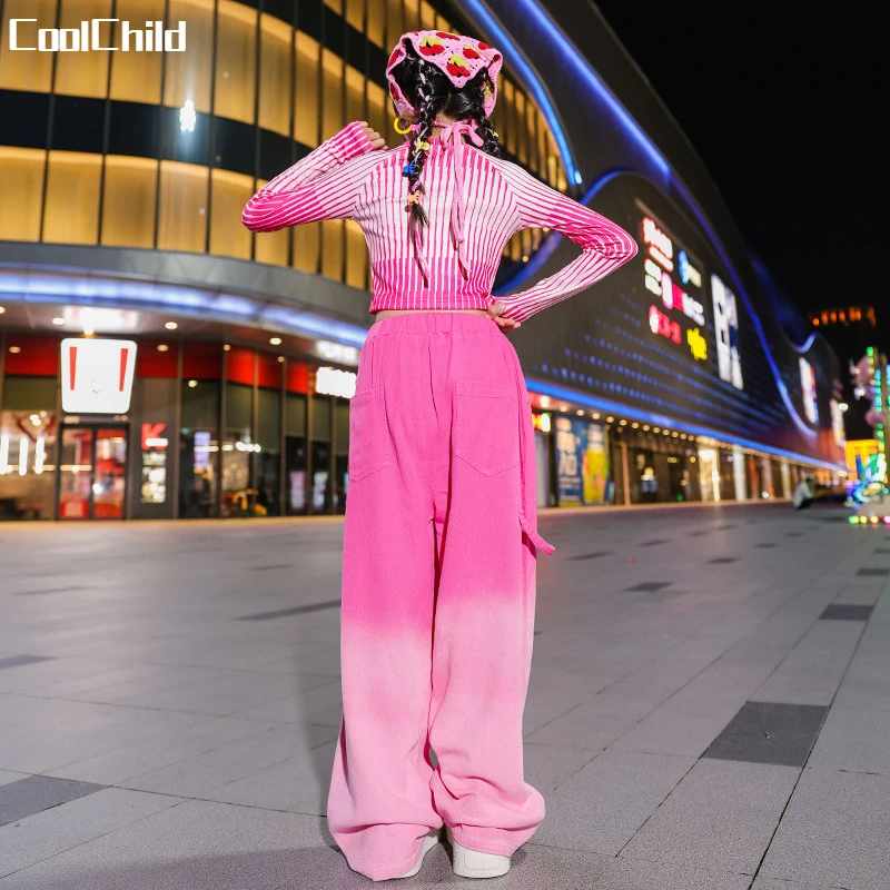 Girls Lovely Streetwear Children Hip Hop Crop Top Gradient Loose Pants Teen Clothes Sets Kids Street Dance Sweet Jazz Costumes