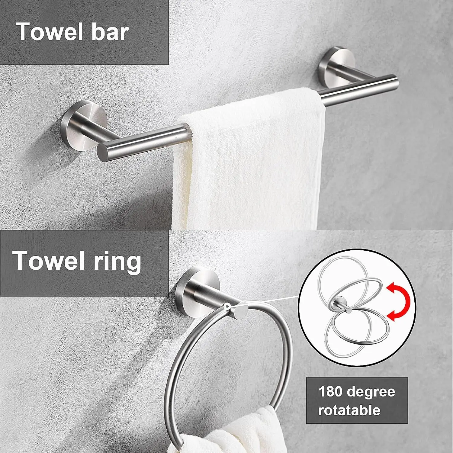 12-Piece Bathroom Set. Brushed Nickel. 16&23.6" Round Towel Bar, Ring, Hooks. SUS 304 Stainless Steel. Heavy Duty. Wall-Mounted.