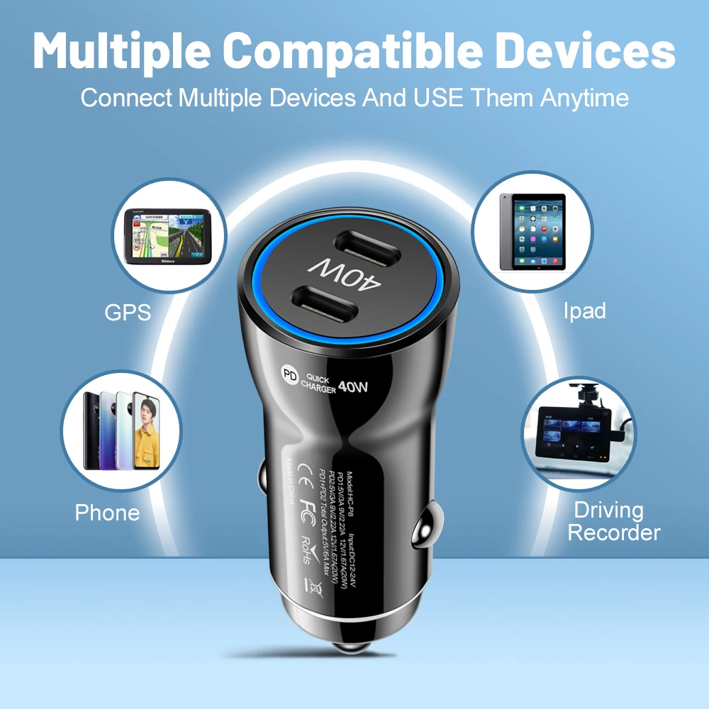 Dual USB C Car Charger PD Fast Charging Adapter 40W Super Charge in Car For iPhone 16 15 14 13 12 Pro Max Samsung Huawei Xiaomi