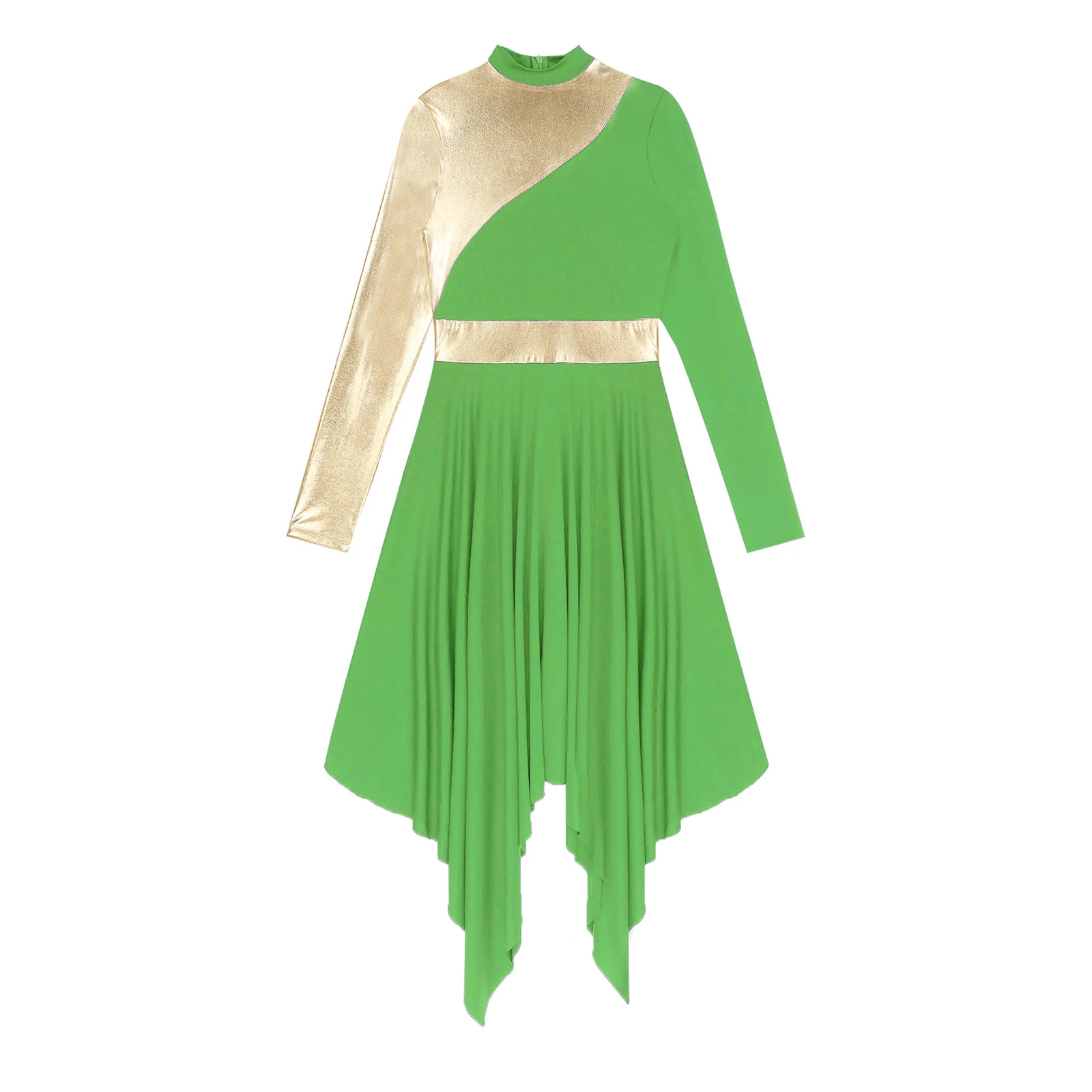 Womens Ballet Lyrical Dance Performance Costume Praise Etiquette Dance Dress Long Sleeve Modern Overlay Dress Waist Wrap