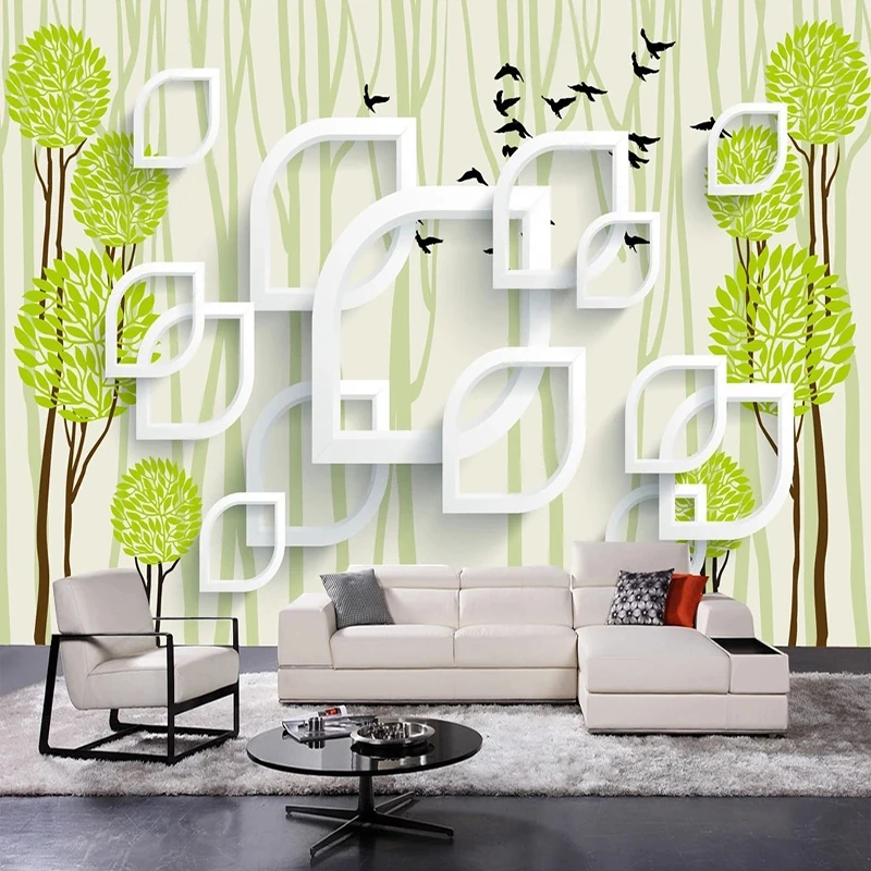 Custom 3D Mural Modern Abstract Style Wallpaper For Living Room TV Backdrop Green Tree And Bird Geometric Wall Paper Home Decor