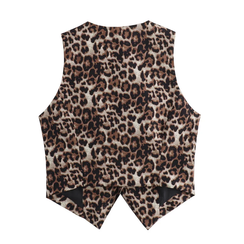 TRAF Leopard Women Vest Vintage Sleeveless Vest Woman Outerwears Animal Print Cropped Suit Vest V Neck Waistcoat Short Coats 4