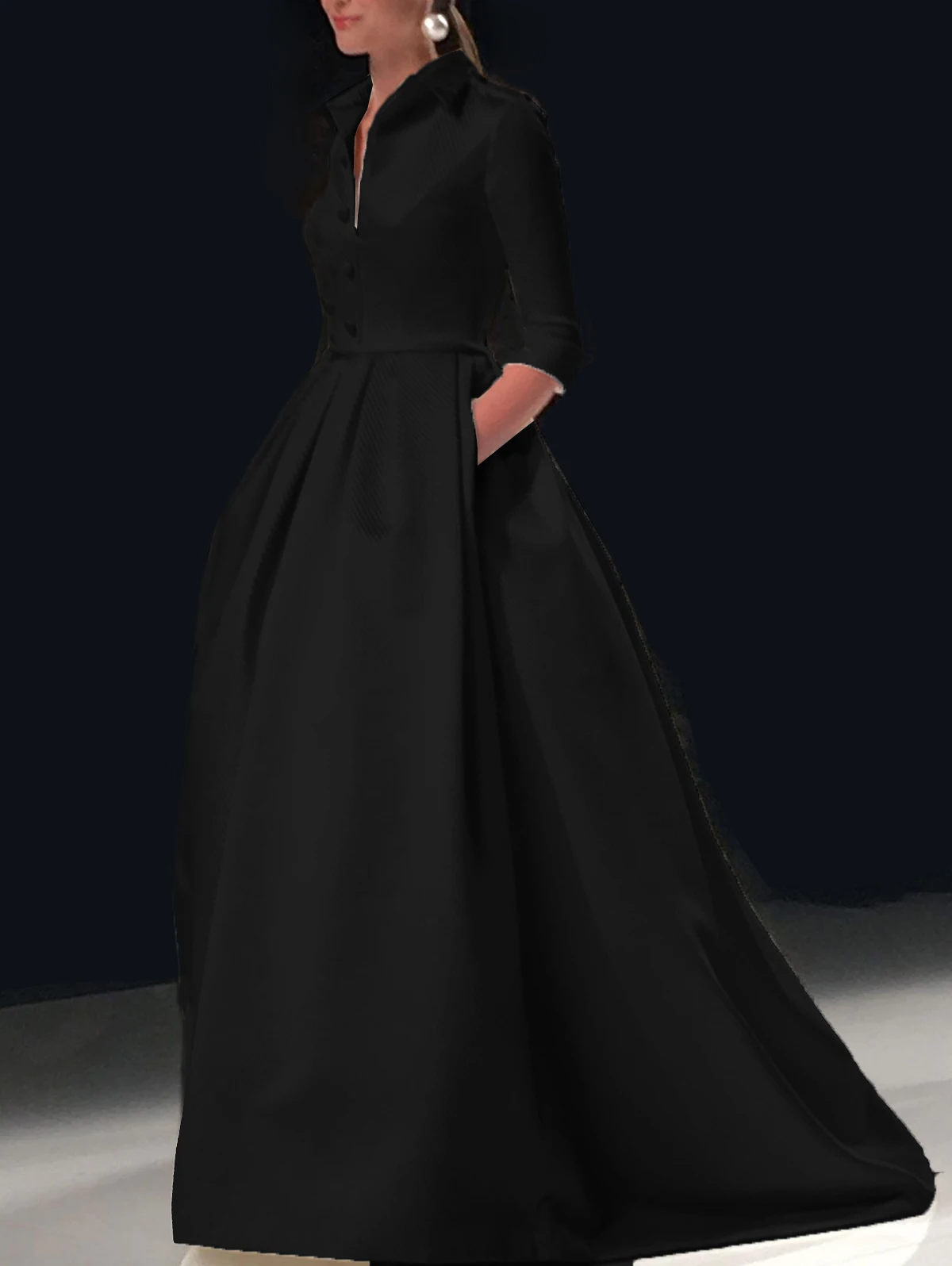 thumbnail image 1 of Elegante vestido de novia largo de corte A para mujer, vestido de noche liso para fiesta, dama de honor, vestido largo con bolsillos y cuello vuelto para mujer, 1 of 4