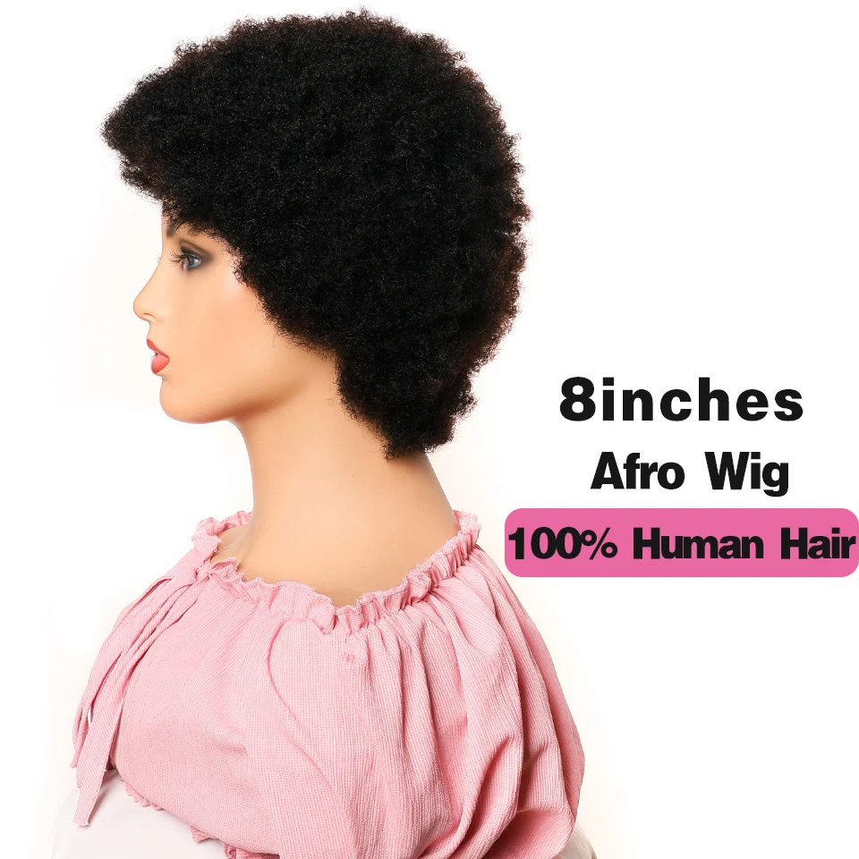 Short Afro Human Hair Wigs Pre-Plucked Brazilian Remy Hair Afro Puff Kinky Curly Wig For Black Women 150% Full Machine Made Wigs