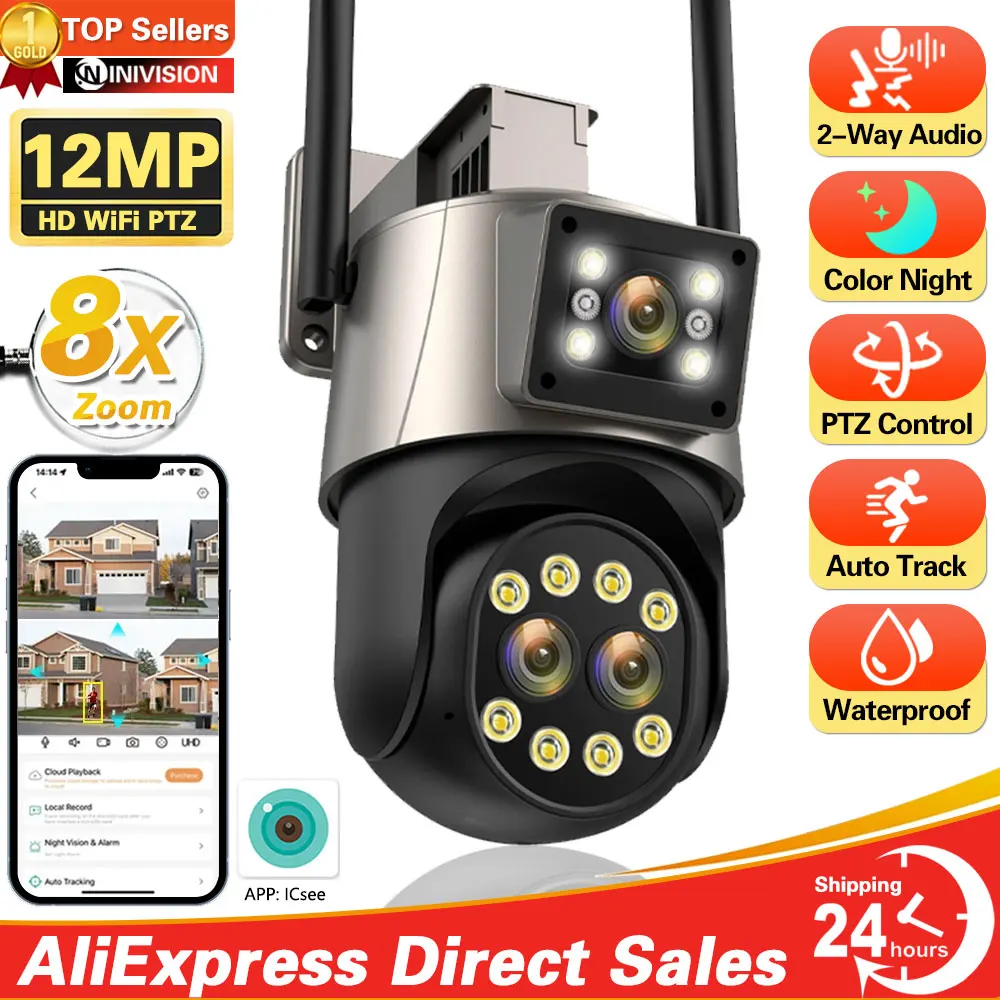 Telecamera Wifi Ptz Da 12Mp 6K Zoom Digitale 8X Dual Screen Telecamera Di Sorveglianza Wifi Visione Notturna Telecamera Di Sicurezza Ip Cctv App Icsee