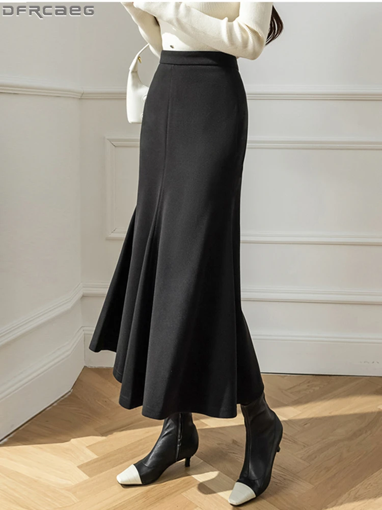 

Vintage Brown Black Long Skirts For Women 2023 Korean High Waist Winter Wool Jupe Femme Solid Elegant OL Bodycon Fishtail Skirt